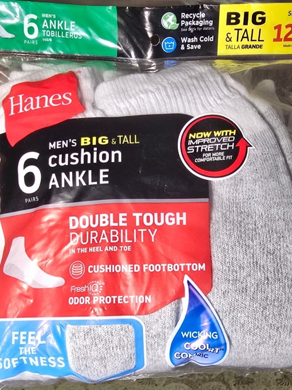 Brand New Hanes Menβs Cushion Ankle Socks - White & Gray (6 Pack) Size 12-14